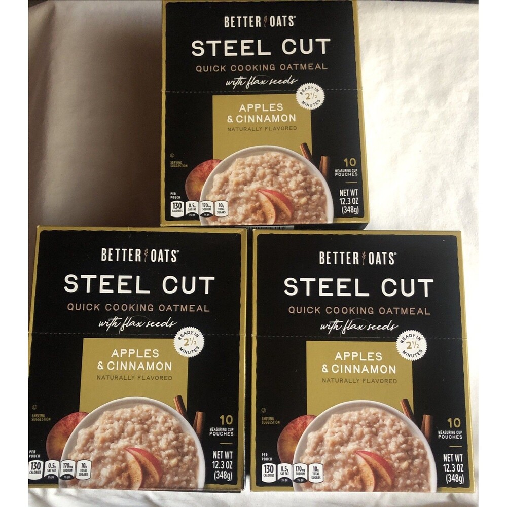 3 Pack Better Oats Steel Cut Oats w/Flax, Apples and Cinnamon, 10 Packs BB 9/26